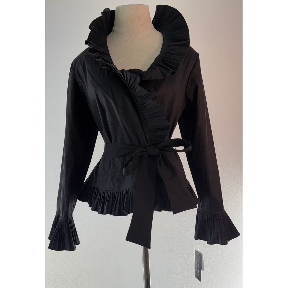 VTG 90s Y2K Isadora Black Ruffle Trim Belted Blazer Jacket Pleat Flare Cuff NWT